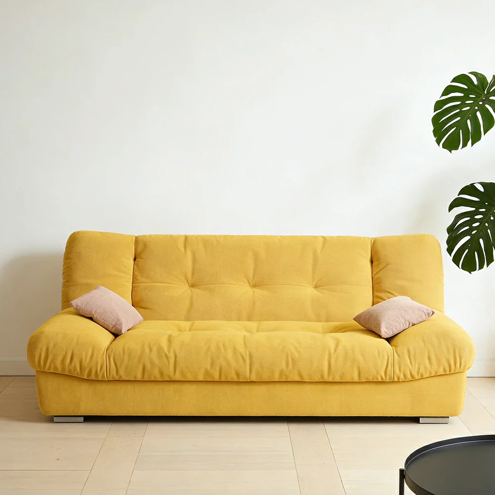 LIVARA 160/180cm Sofa Bed, Adjustable Backrest Design, Milk Velvet Upholstery, Solid Wood Frame, Armless Space-Saving Style - Yellow - Image 4