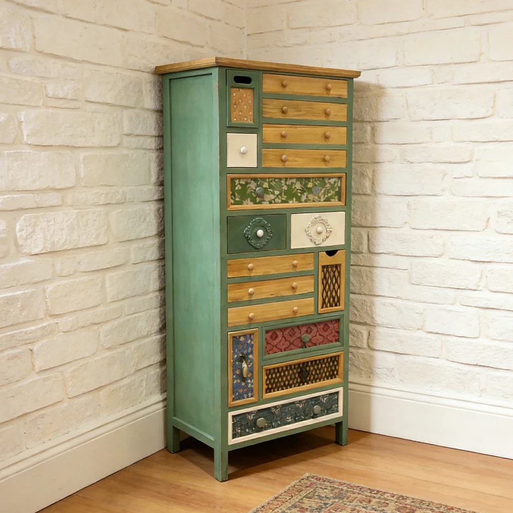 LIVARA Vintage Patchwork Drawer Cabinet - Multi-Drawer Storage Organizer - Solid Wood Frame - European Embossed Design Chest for Living Room Bedroom - Image 2