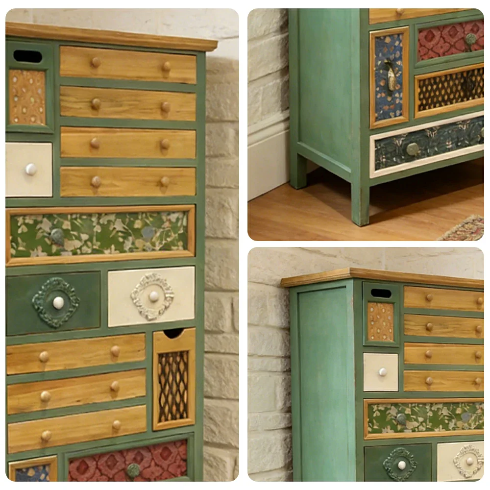 LIVARA Vintage Patchwork Drawer Cabinet - Multi-Drawer Storage Organizer - Solid Wood Frame - European Embossed Design Chest for Living Room Bedroom - Image 3