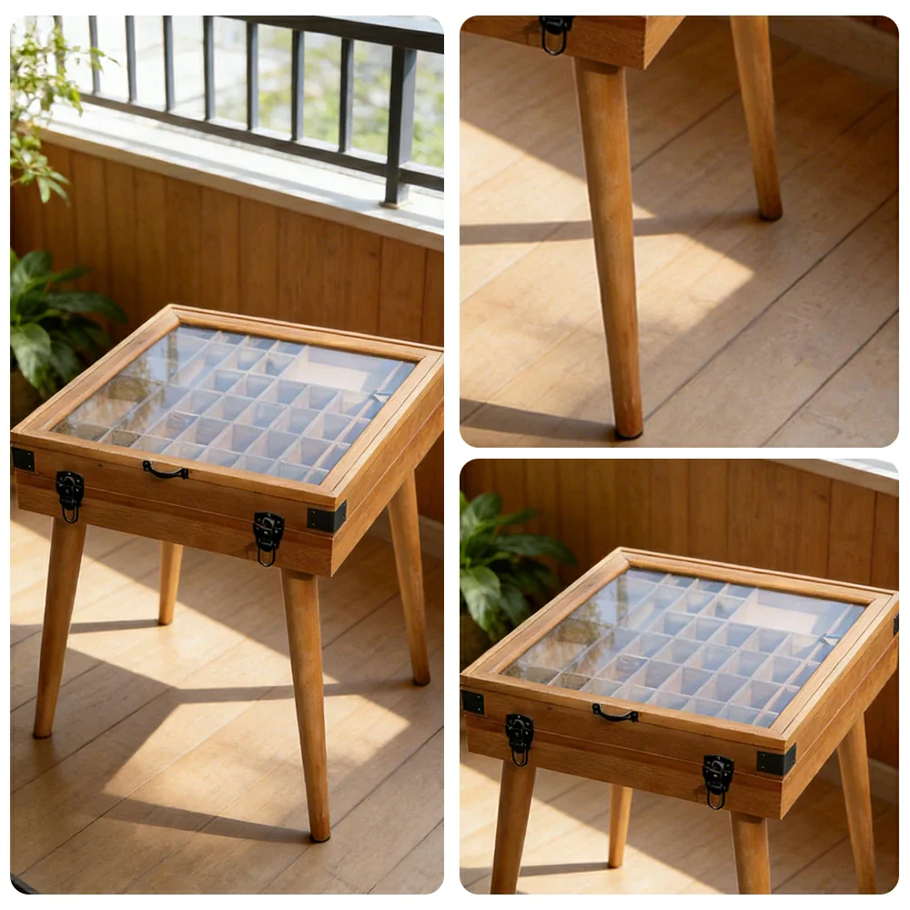 LIVARA Vintage Display Side Table - Glass Top Storage Display - Solid Wood Frame - Multi-Compartment Cabinet for Living Room Bedroom - Image 3