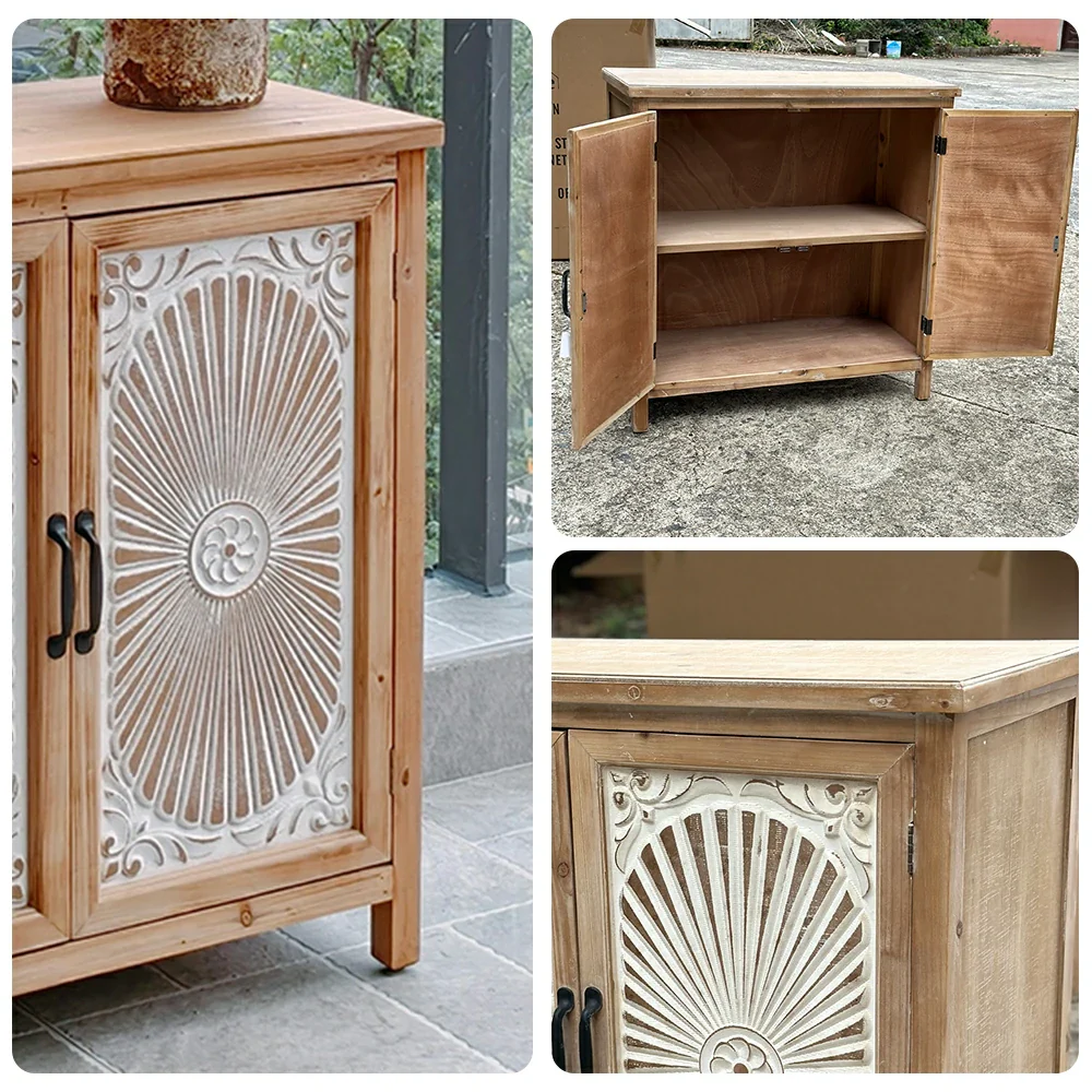 LIVARA Vintage Storage Cabinet - Double Door Organizer - Solid Wood Frame - Hand-Carved Whitewashed Design for Living Room Entryway - Image 3