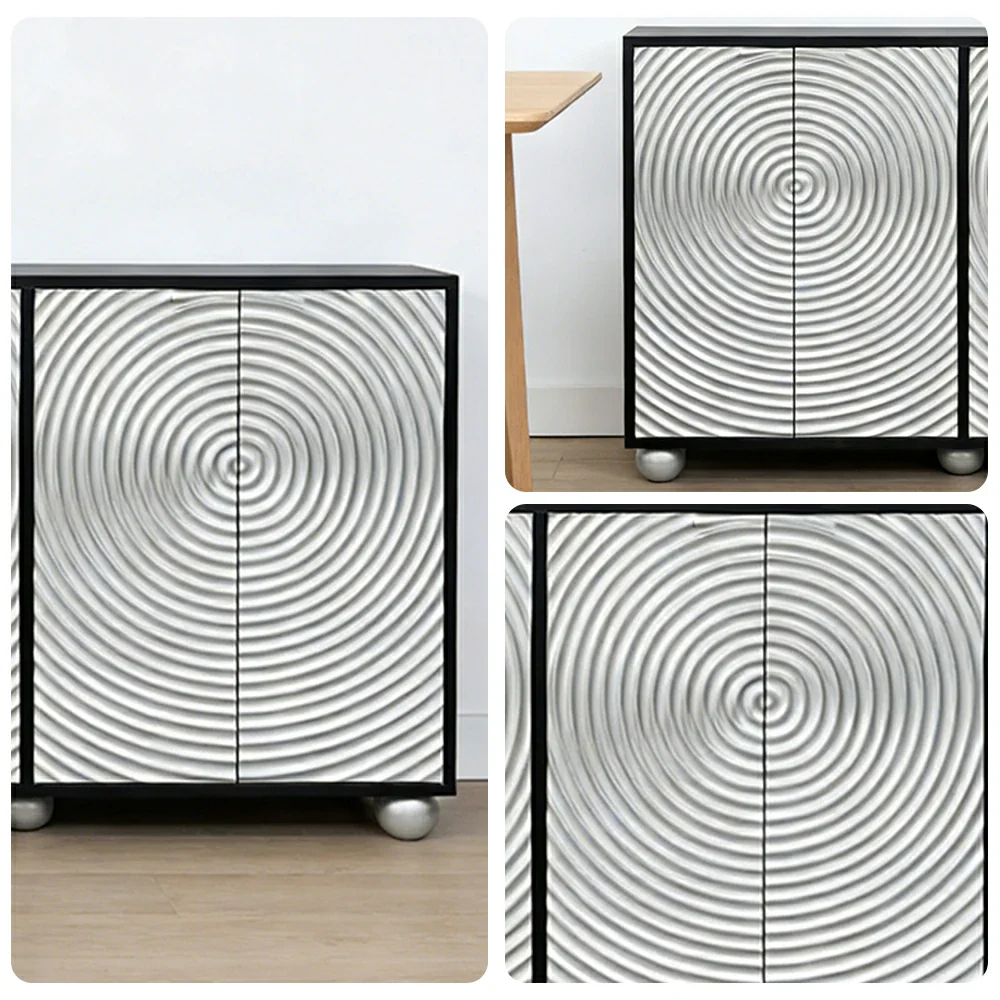LIVARA Modern Four-Door Sideboard Cabinet - Wave Textured Storage - Durable MDF Construction - Matte Finish with Metallic Sphere Legs - Silver - Image 3