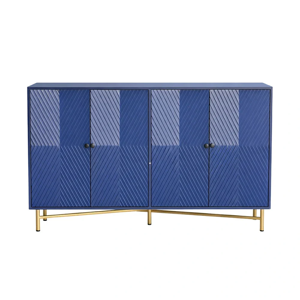 LIVARA Modern Four-Door Sideboard Cabinet - Wave Textured Storage - Durable MDF Construction - Matte Finish with Metallic Sphere Legs - Blue
