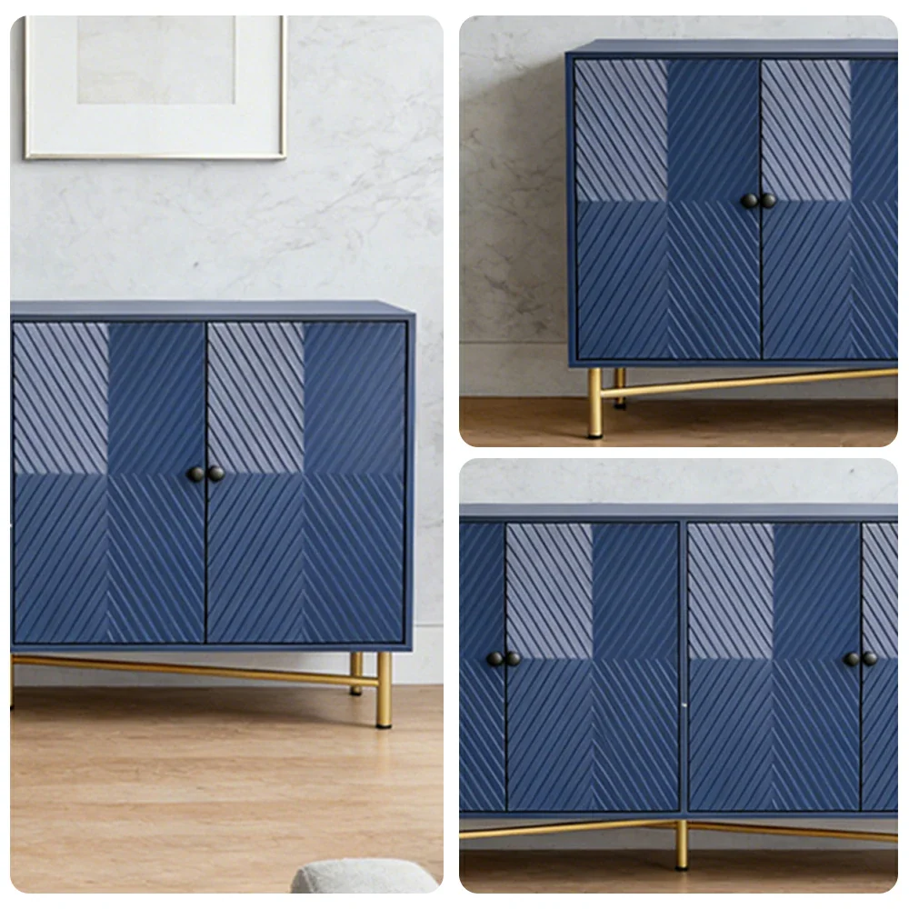 LIVARA Modern Four-Door Sideboard Cabinet - Wave Textured Storage - Durable MDF Construction - Matte Finish with Metallic Sphere Legs - Blue - Image 3