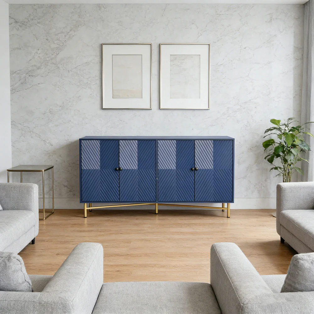 LIVARA Modern Four-Door Sideboard Cabinet - Wave Textured Storage - Durable MDF Construction - Matte Finish with Metallic Sphere Legs - Blue - Image 4