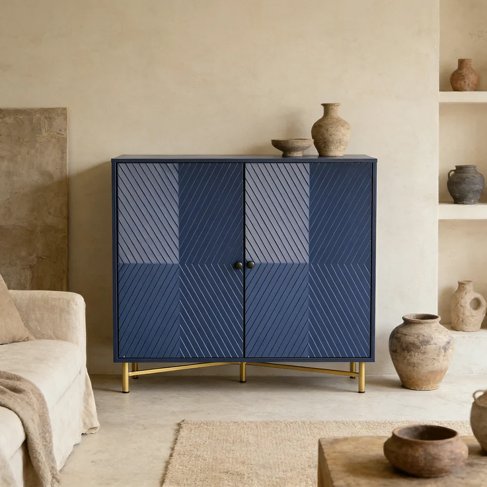 LIVARA Modern Two-Door Sideboard Cabinet - Wave Textured Storage - Durable MDF Construction - Matte Finish with Metallic Sphere Legs - Blue - Image 2