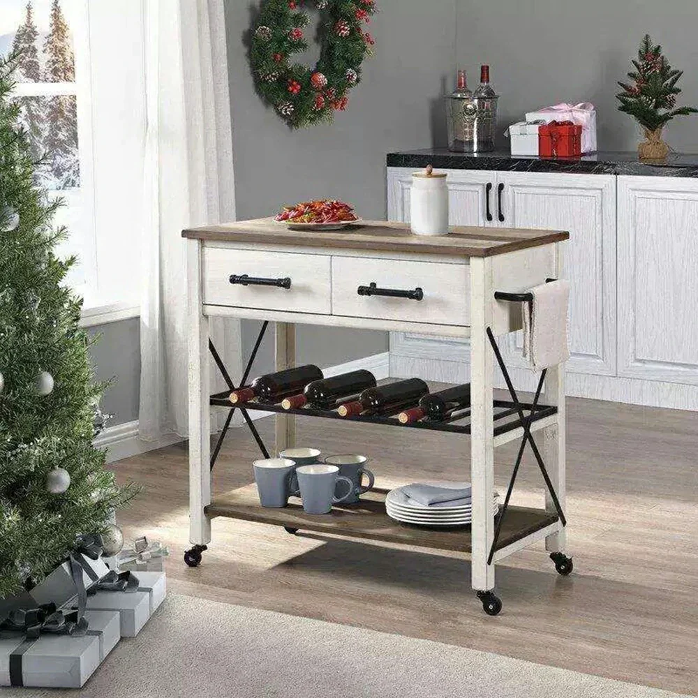 LIVARA Rustic Kitchen Trolley - Drawer Storage with 20 Bottle Wine Rack - Durable MDF Top - Farmhouse Rolling Island Cart with 360 Degree Castors - Image 2