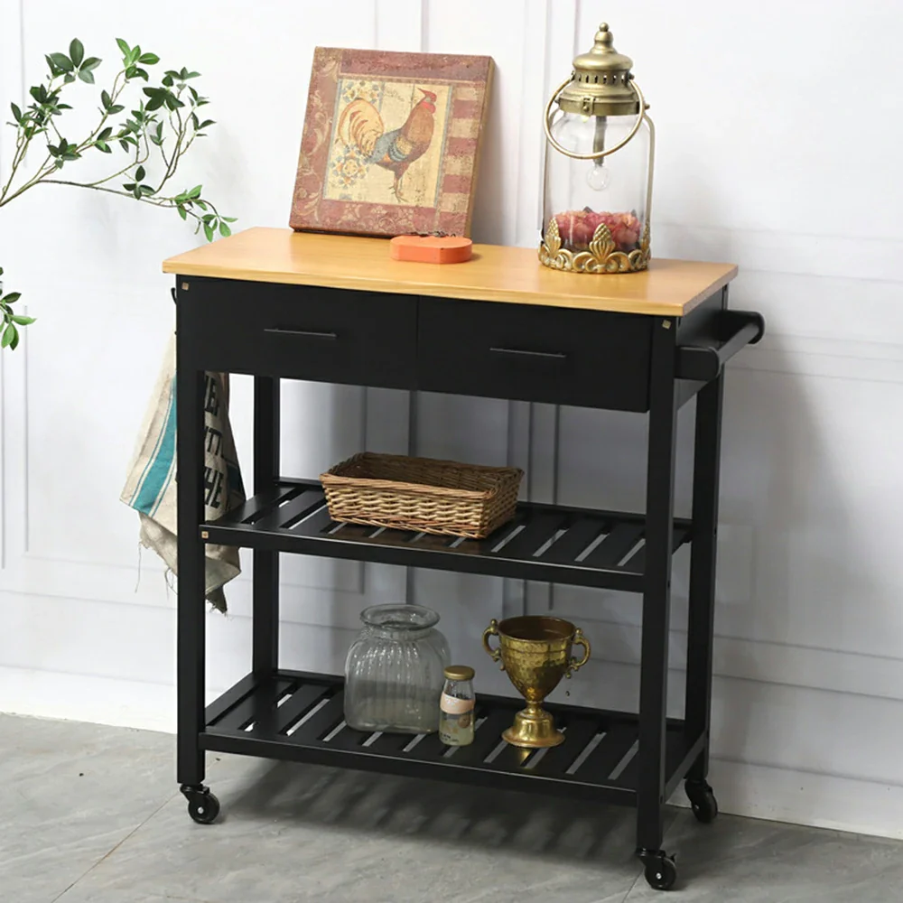 LIVARA Kitchen Trolley Cart - Drawer Storage with Wine Rack - Solid Wood Frame - Black Finish with Natural Timber Top and Rolling Castors - Image 2