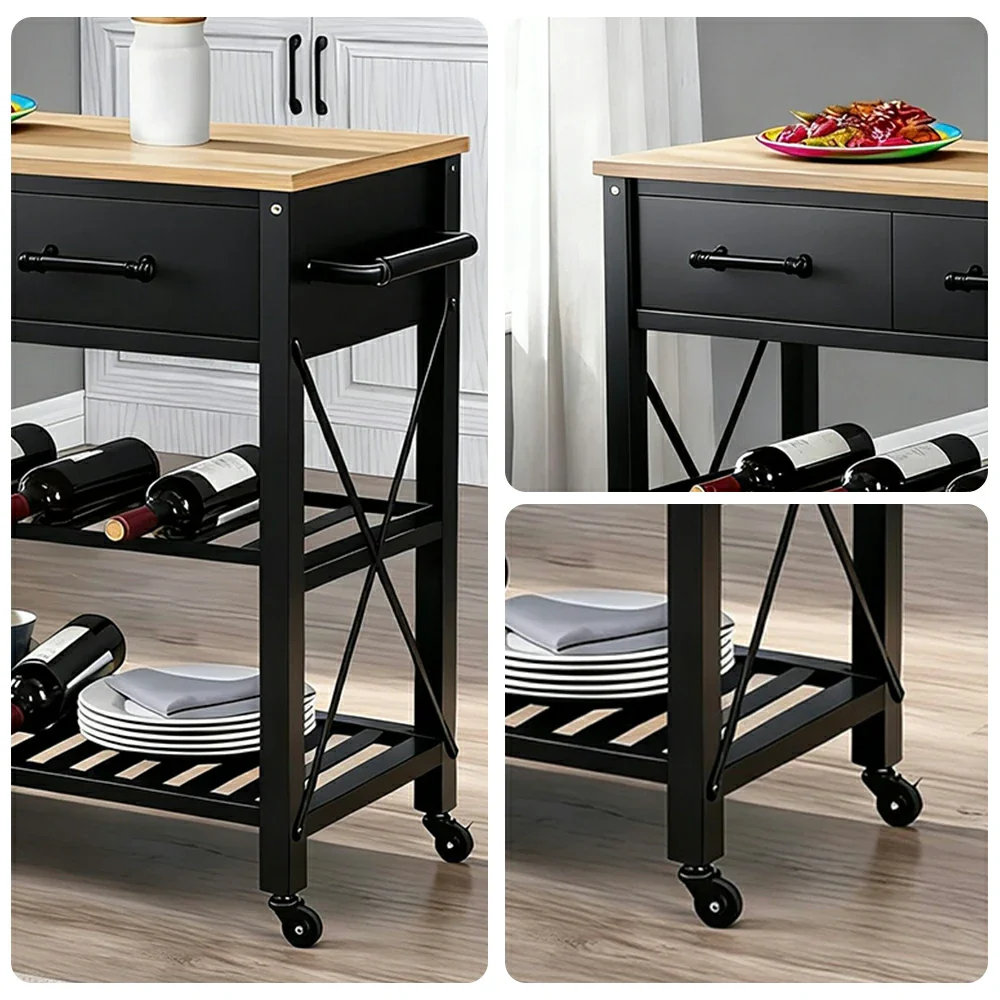LIVARA Kitchen Trolley Cart - Drawer Storage with Wine Rack - Solid Wood Frame - Black Finish with Natural Timber Top and Rolling Castors - Image 3