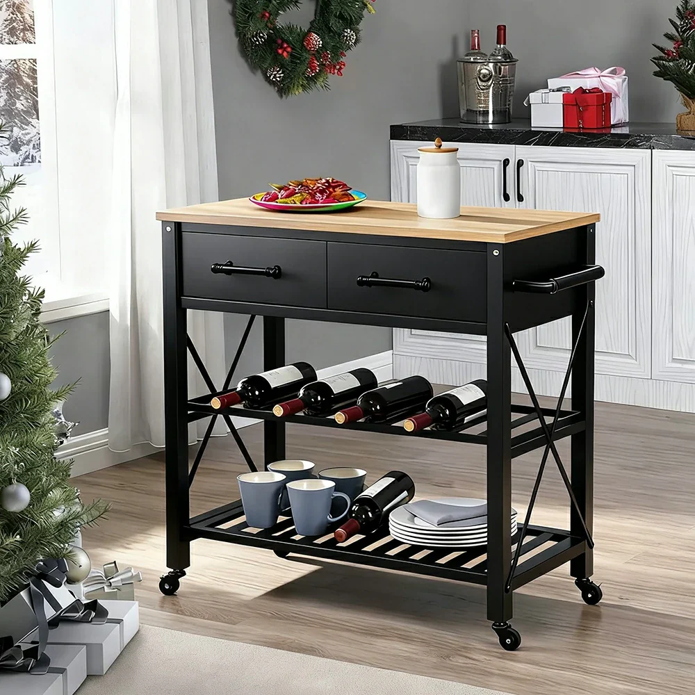 LIVARA Kitchen Trolley Cart - Drawer Storage with Wine Rack - Solid Wood Frame - Black Finish with Natural Timber Top and Rolling Castors - Image 4