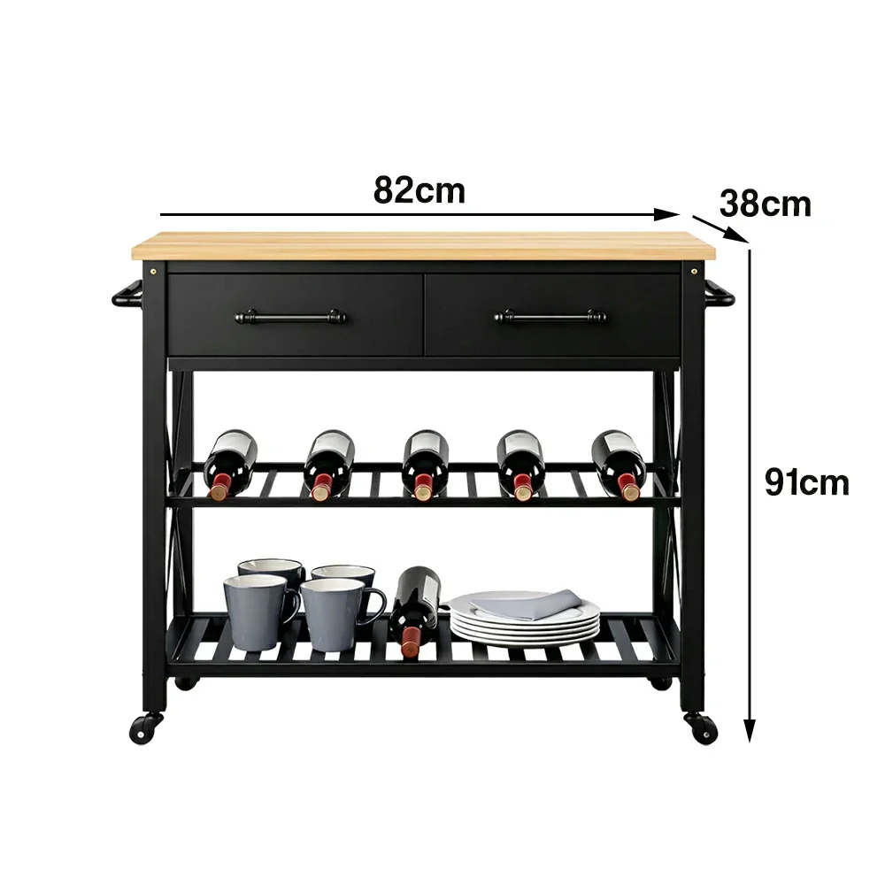 LIVARA Kitchen Trolley Cart - Drawer Storage with Wine Rack - Solid Wood Frame - Black Finish with Natural Timber Top and Rolling Castors - Image 5