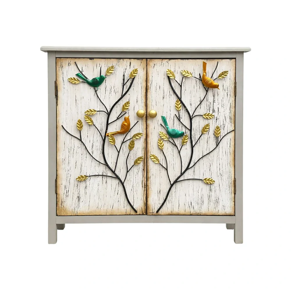 LIVARA Vintage Storage Cabinet Double Door Sideboard Solid Wood MDF Metal Hand-Painted Iron Bird Decorative Furniture