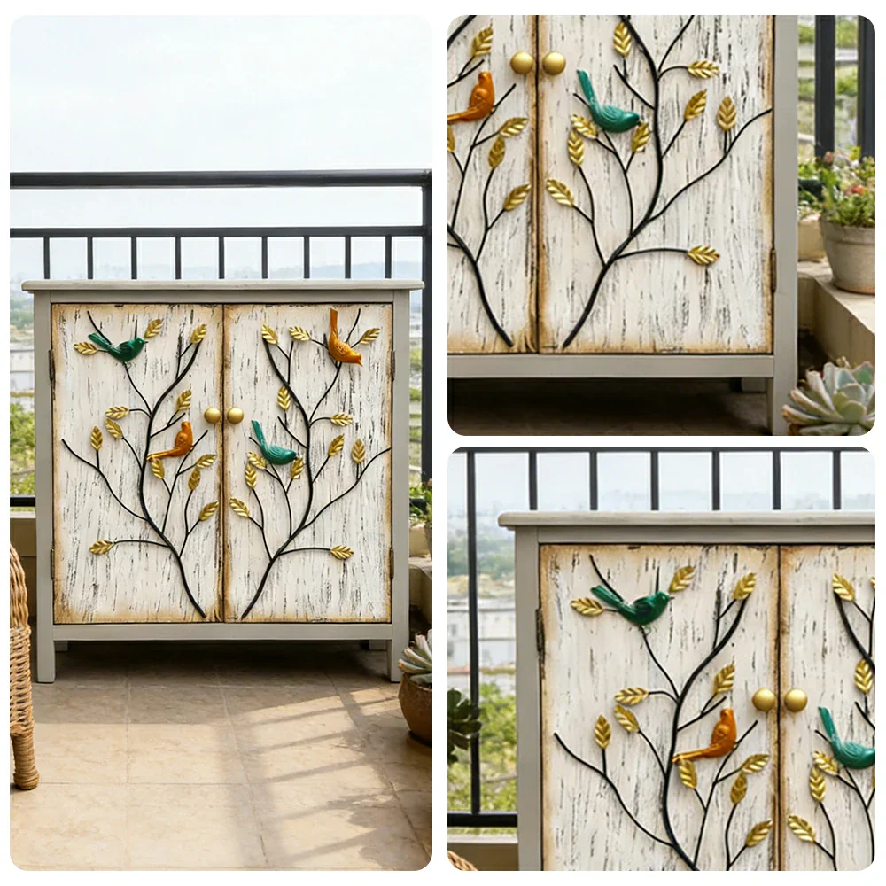 LIVARA Vintage Storage Cabinet Double Door Sideboard Solid Wood MDF Metal Hand-Painted Iron Bird Decorative Furniture - Image 3