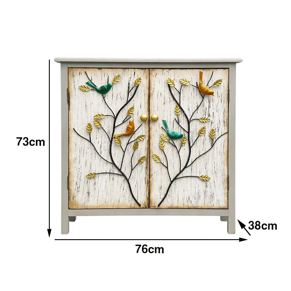 LIVARA Vintage Storage Cabinet Double Door Sideboard Solid Wood MDF Metal Hand-Painted Iron Bird Decorative Furniture - Image 5