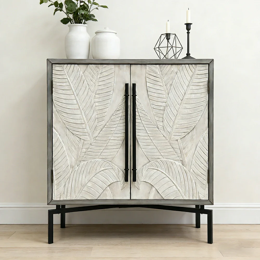 LIVARA Vintage Carved Leaf Storage Cabinet with Metal Legs Solid Spruce Wood MDF Distressed Decorative Sideboard - Image 4