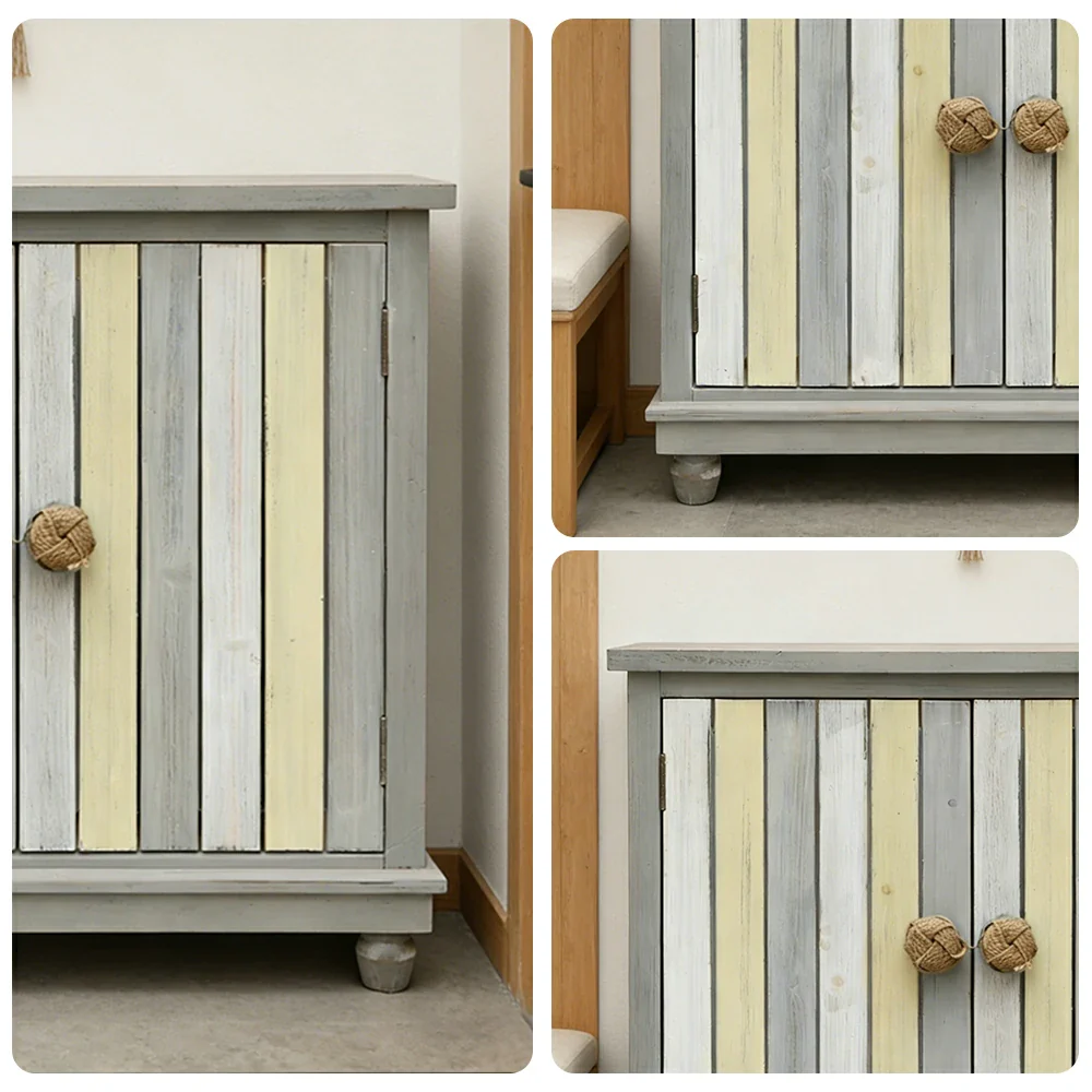 LIVARA Vintage Storage Cabinet Double Door Sideboard Solid Wood MDF Carved Panel French Country Style with Rope Handles - Image 3