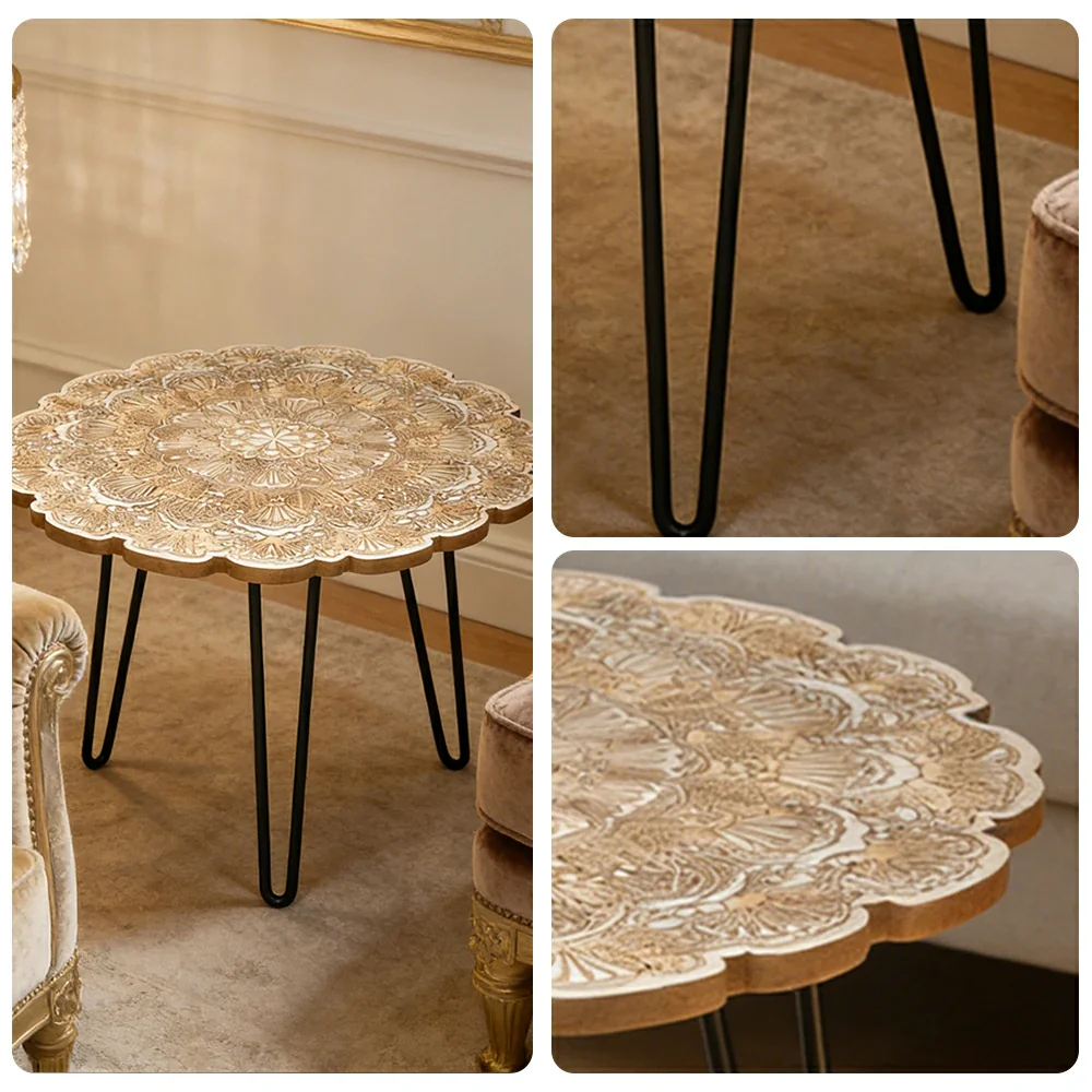 LIVARA Vintage Carved Coffee Table Solid Wood Top Metal Hairpin Legs Floral Designer Accent Table - Image 3