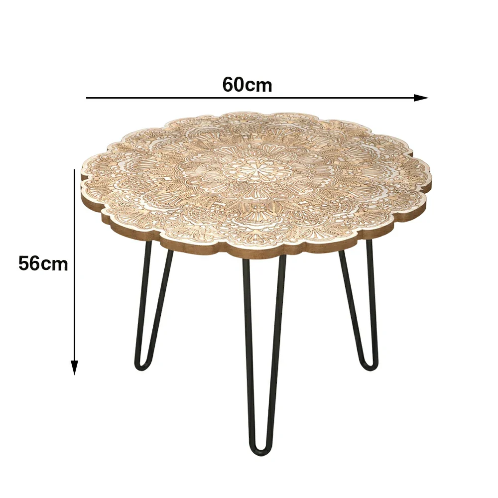 LIVARA Vintage Carved Coffee Table Solid Wood Top Metal Hairpin Legs Floral Designer Accent Table - Image 5