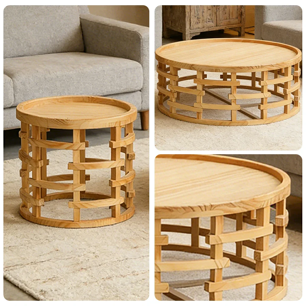 LIVARA Round Nesting Coffee Table Set Solid Pine Wood Hollow Lattice Design Natural Timber Accent Tables - Image 3