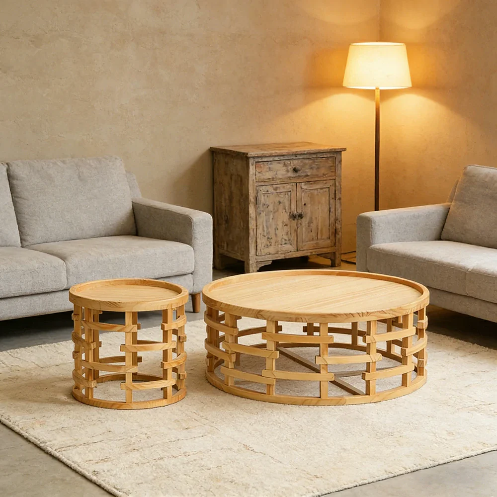 LIVARA Round Nesting Coffee Table Set Solid Pine Wood Hollow Lattice Design Natural Timber Accent Tables - Image 4