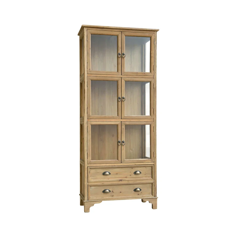 LIVARA Vintage Glass Display Cabinet Solid Wood Storage Cupboard with Drawers Rustic Country Style Modular Bookcase