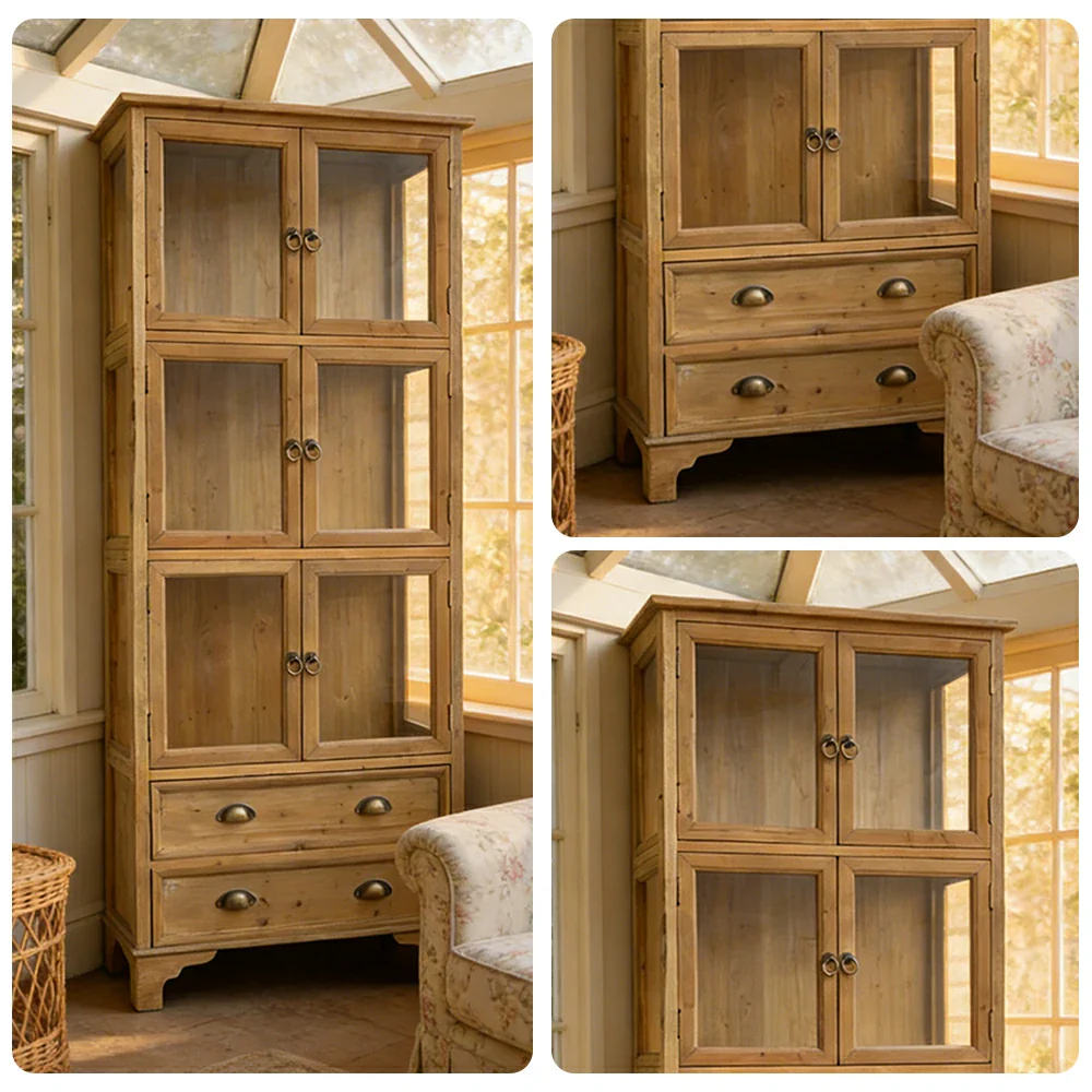 LIVARA Vintage Glass Display Cabinet Solid Wood Storage Cupboard with Drawers Rustic Country Style Modular Bookcase - Image 3