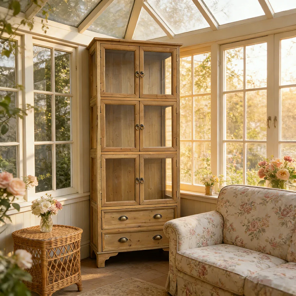 LIVARA Vintage Glass Display Cabinet Solid Wood Storage Cupboard with Drawers Rustic Country Style Modular Bookcase - Image 4