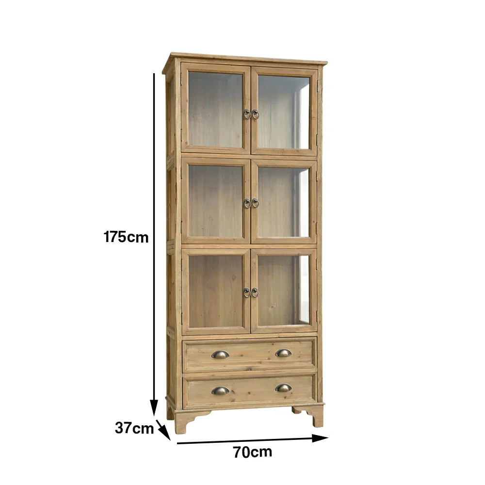 LIVARA Vintage Glass Display Cabinet Solid Wood Storage Cupboard with Drawers Rustic Country Style Modular Bookcase - Image 5