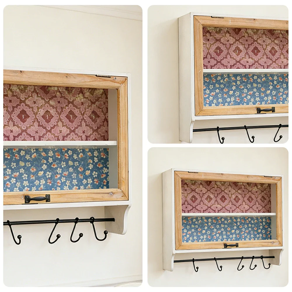 LIVARA Vintage Wall Cabinet Glass Sliding Door Storage Solid Fir Wood Rustic Country Display Shelf with Hook Rail - Image 3