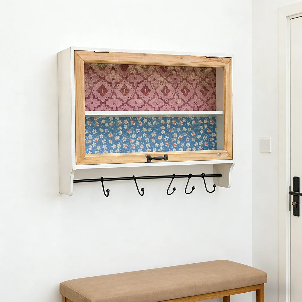 LIVARA Vintage Wall Cabinet Glass Sliding Door Storage Solid Fir Wood Rustic Country Display Shelf with Hook Rail - Image 4