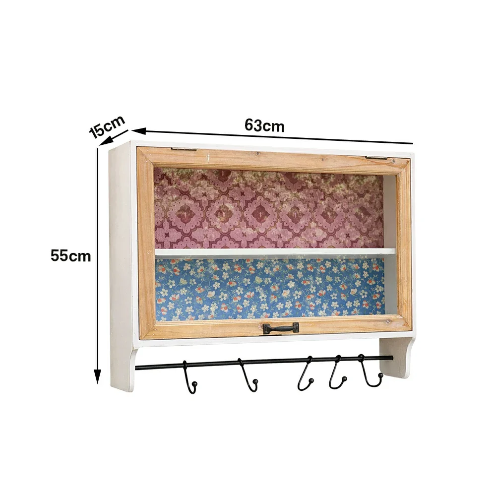 LIVARA Vintage Wall Cabinet Glass Sliding Door Storage Solid Fir Wood Rustic Country Display Shelf with Hook Rail - Image 5