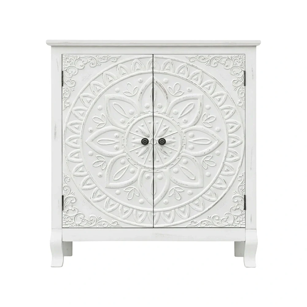 LIVARA Vintage Carved Storage Cabinet Double Door Sideboard Solid Wood MDF Distressed White Floral Decorative Furniture