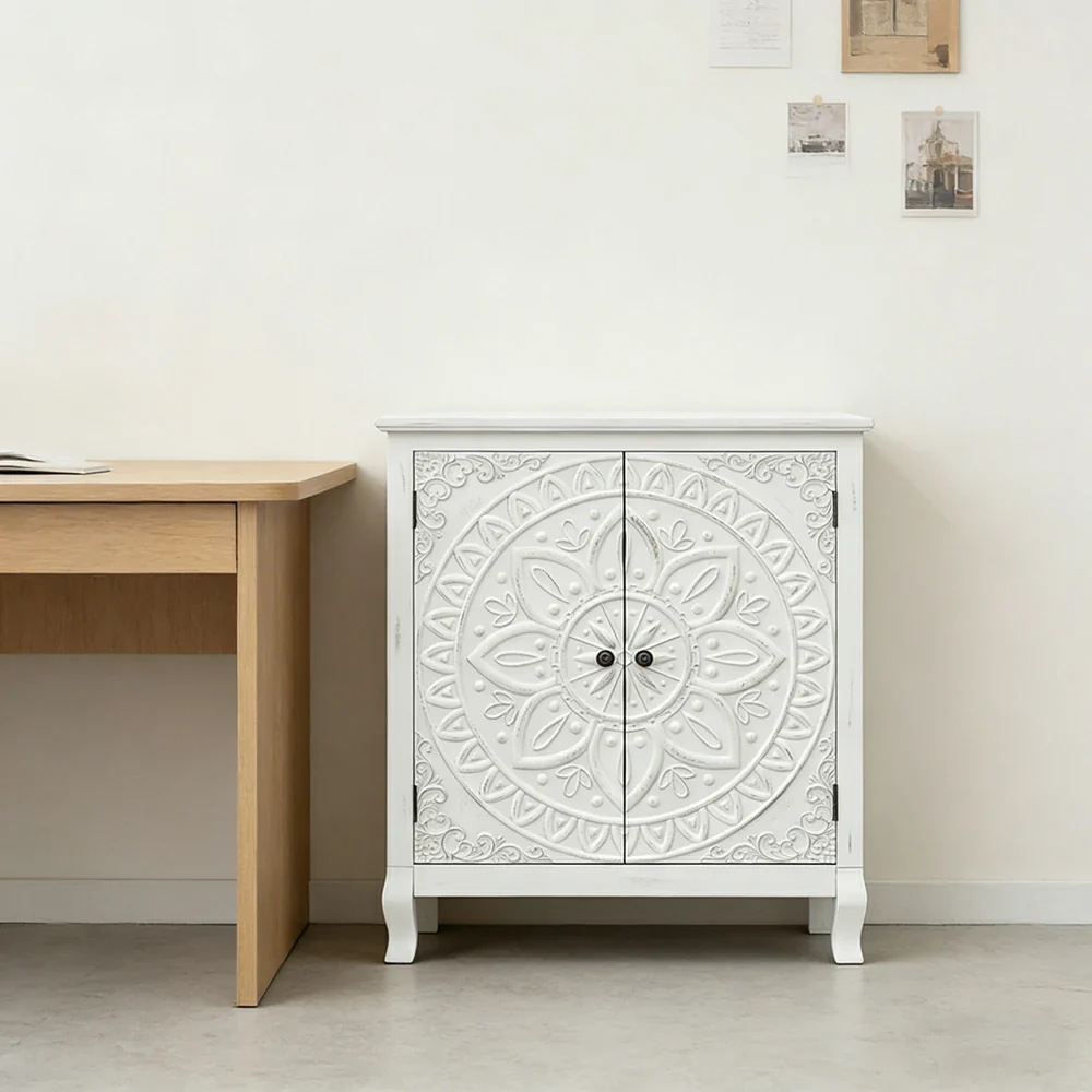 LIVARA Vintage Carved Storage Cabinet Double Door Sideboard Solid Wood MDF Distressed White Floral Decorative Furniture - Image 2