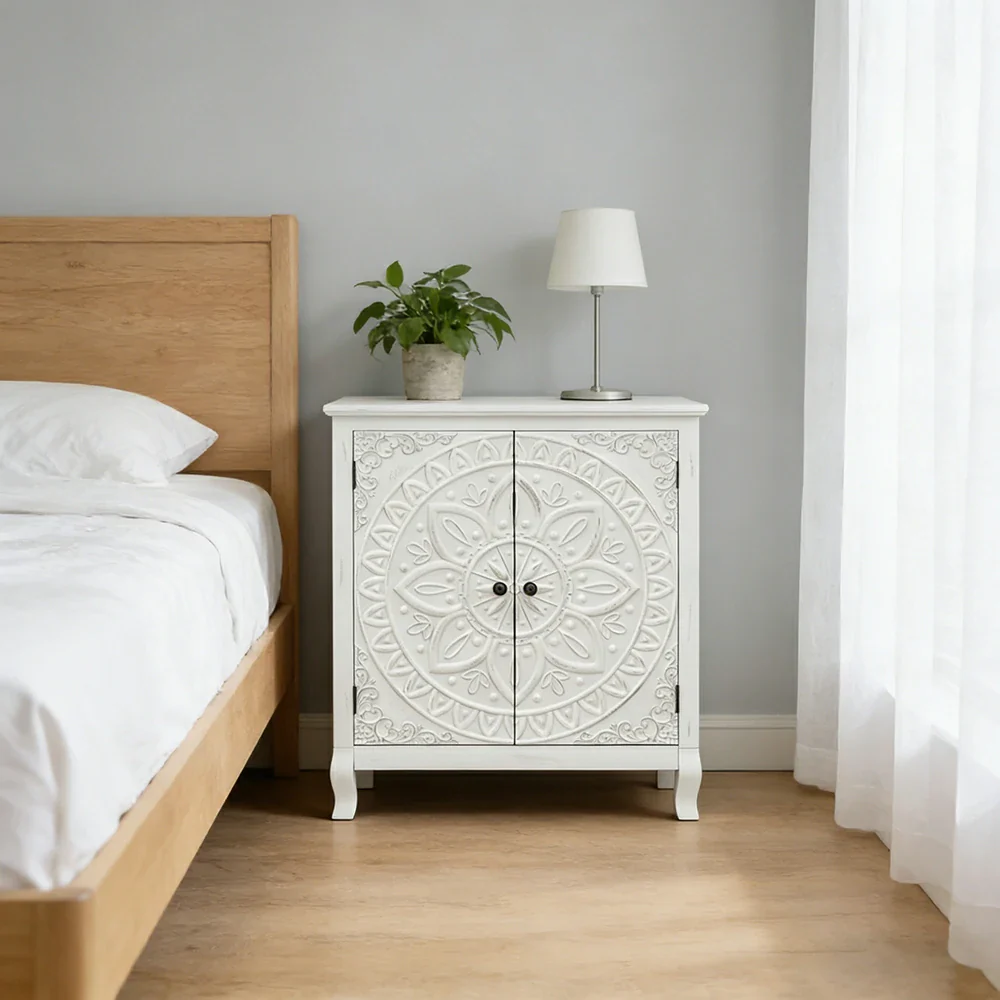 LIVARA Vintage Carved Storage Cabinet Double Door Sideboard Solid Wood MDF Distressed White Floral Decorative Furniture - Image 4