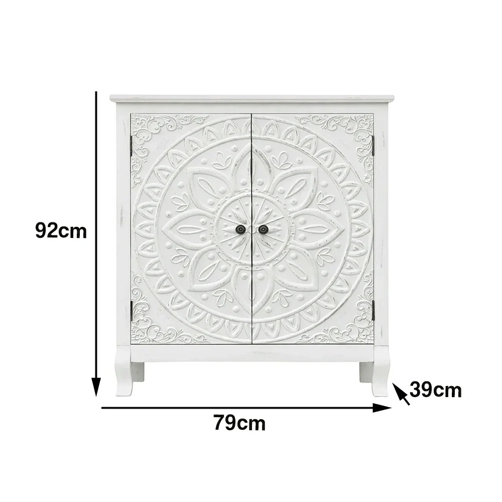 LIVARA Vintage Carved Storage Cabinet Double Door Sideboard Solid Wood MDF Distressed White Floral Decorative Furniture - Image 5