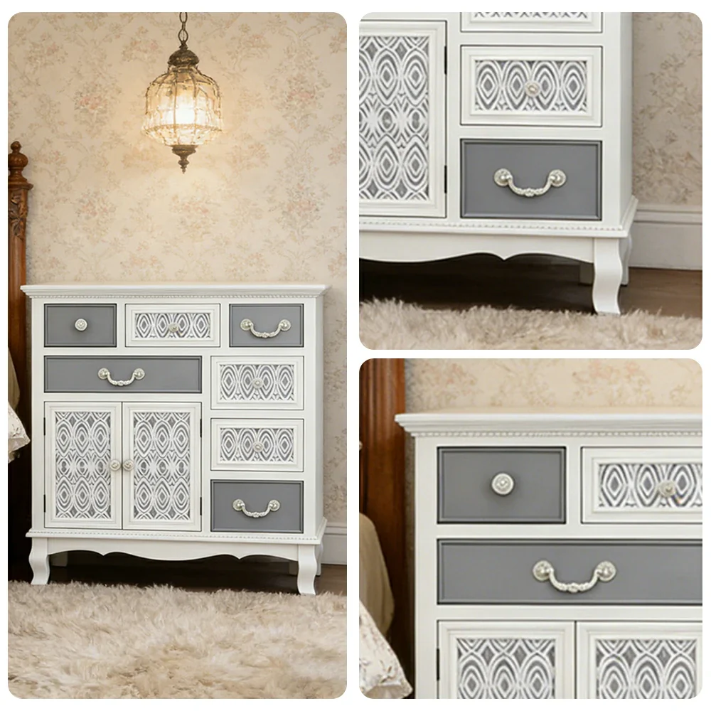 LIVARA Vintage Carved Storage Cabinet Multi Drawer Sideboard Solid Wood MDF Distressed White Grey Decorative Furniture - Image 3