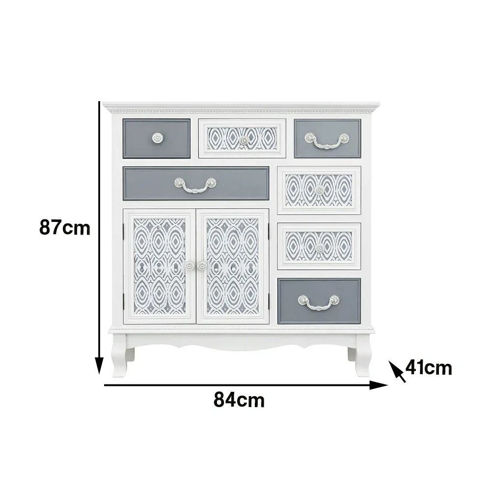 LIVARA Vintage Carved Storage Cabinet Multi Drawer Sideboard Solid Wood MDF Distressed White Grey Decorative Furniture - Image 5