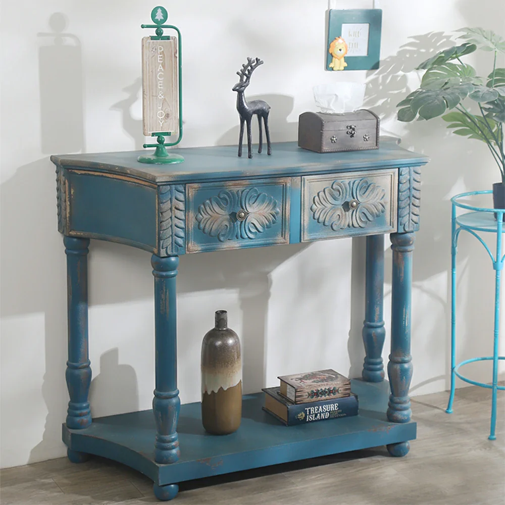 LIVARA Vintage Carved Console Table with Drawers Solid Wood MDF Distressed Blue Entryway Storage Table with Shelf - Image 2