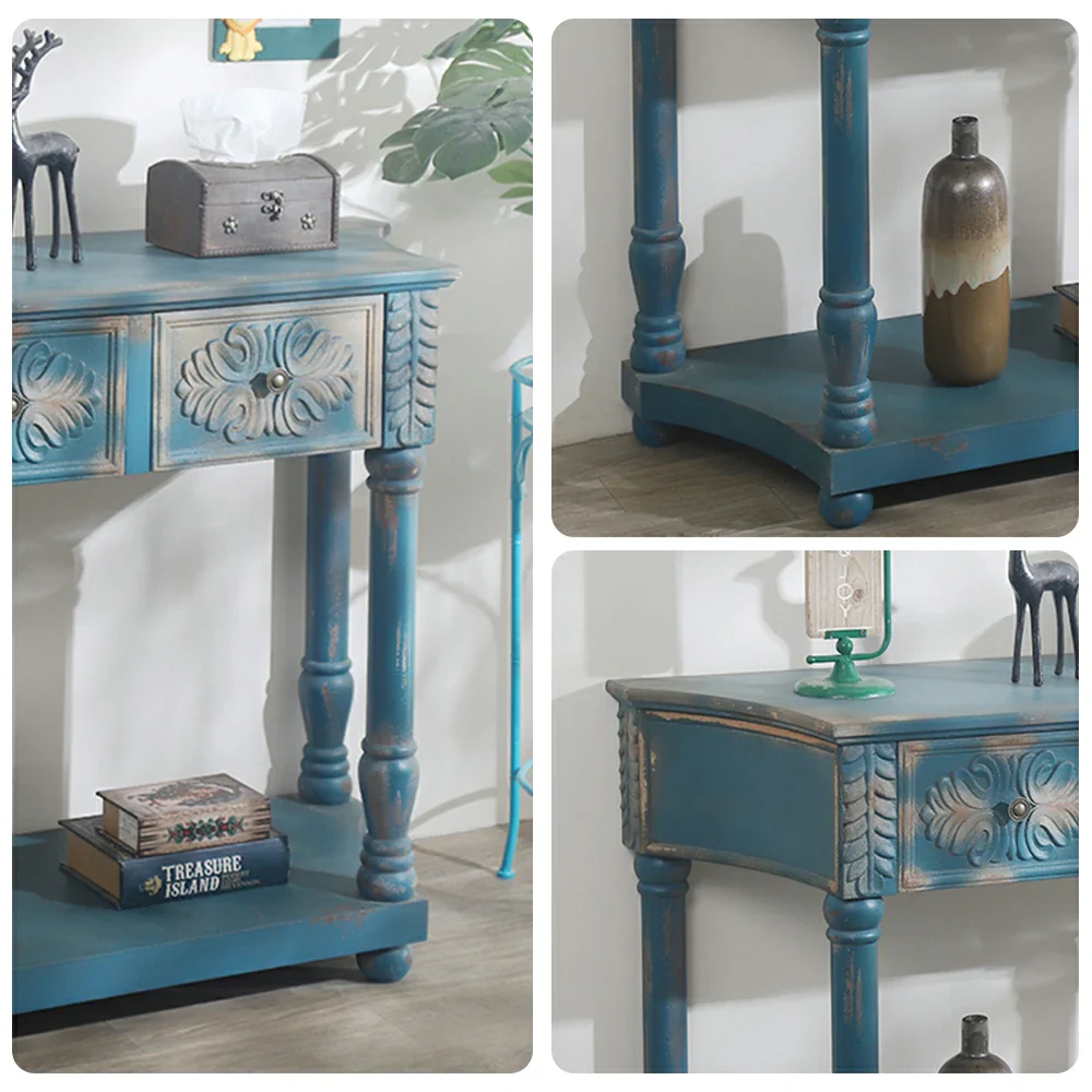 LIVARA Vintage Carved Console Table with Drawers Solid Wood MDF Distressed Blue Entryway Storage Table with Shelf - Image 3