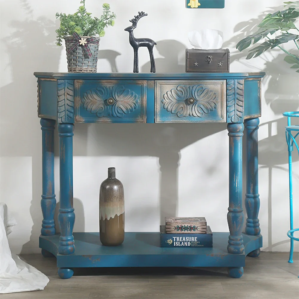 LIVARA Vintage Carved Console Table with Drawers Solid Wood MDF Distressed Blue Entryway Storage Table with Shelf - Image 4