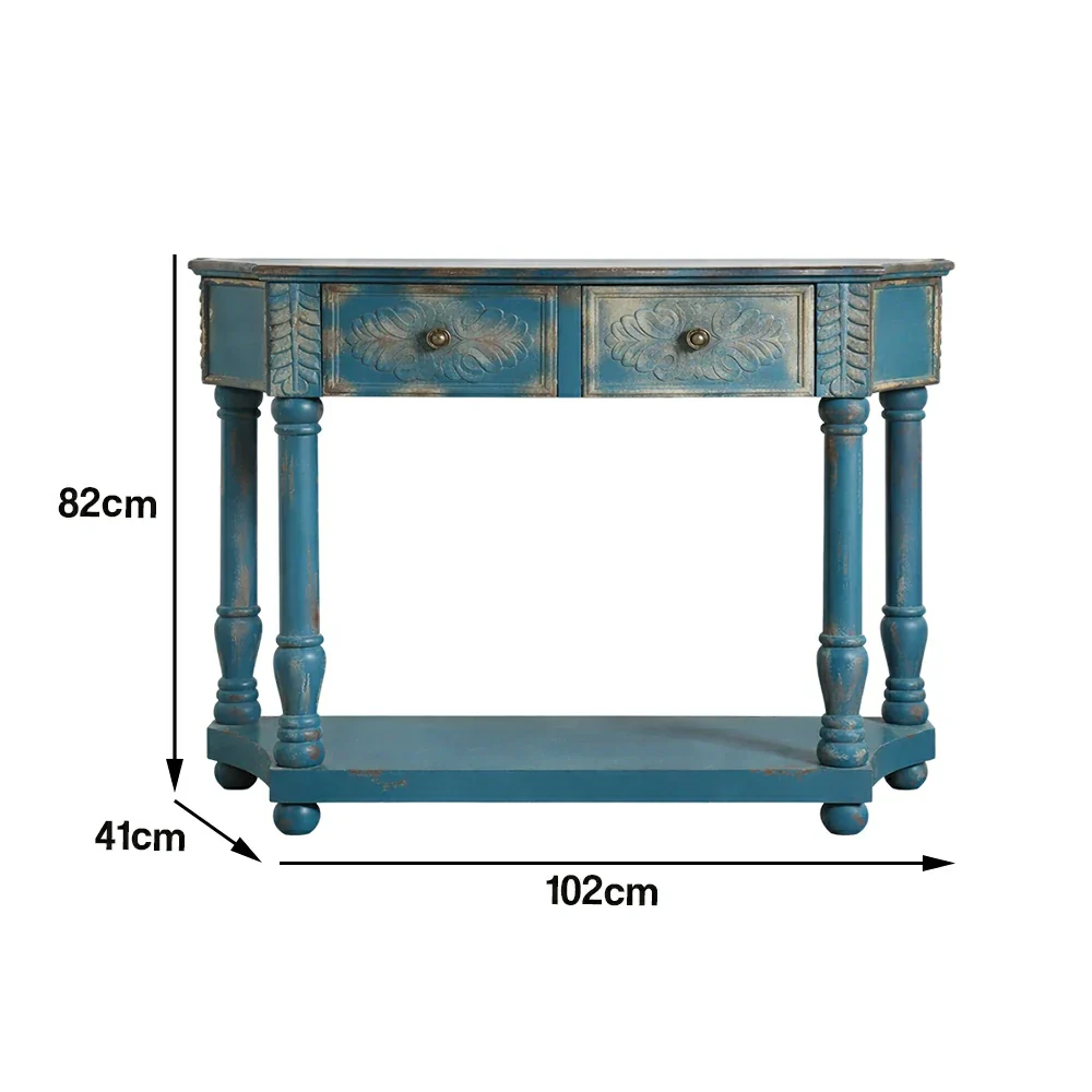 LIVARA Vintage Carved Console Table with Drawers Solid Wood MDF Distressed Blue Entryway Storage Table with Shelf - Image 5