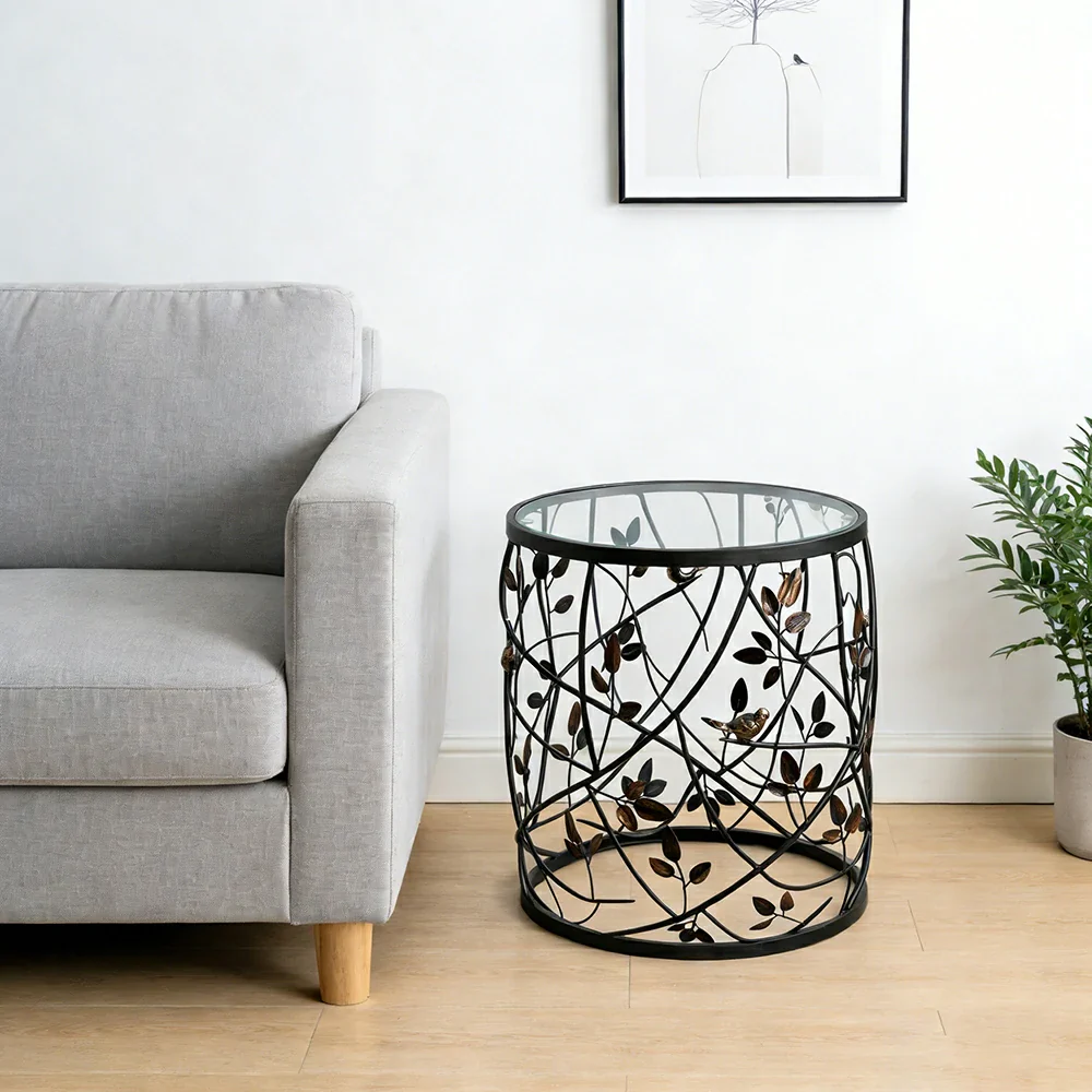 LIVARA Vintage Round Side Table Branch Leaf Metal Design Tempered Glass Top Decorative Accent Table - Image 2