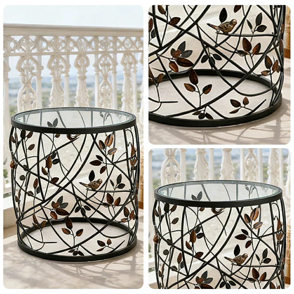LIVARA Vintage Round Side Table Branch Leaf Metal Design Tempered Glass Top Decorative Accent Table - Image 3