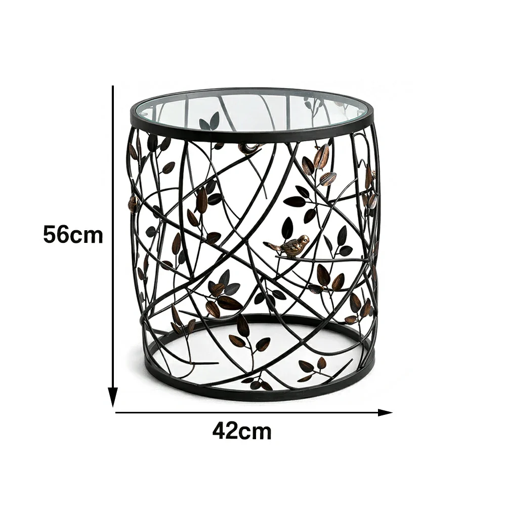 LIVARA Vintage Round Side Table Branch Leaf Metal Design Tempered Glass Top Decorative Accent Table - Image 5
