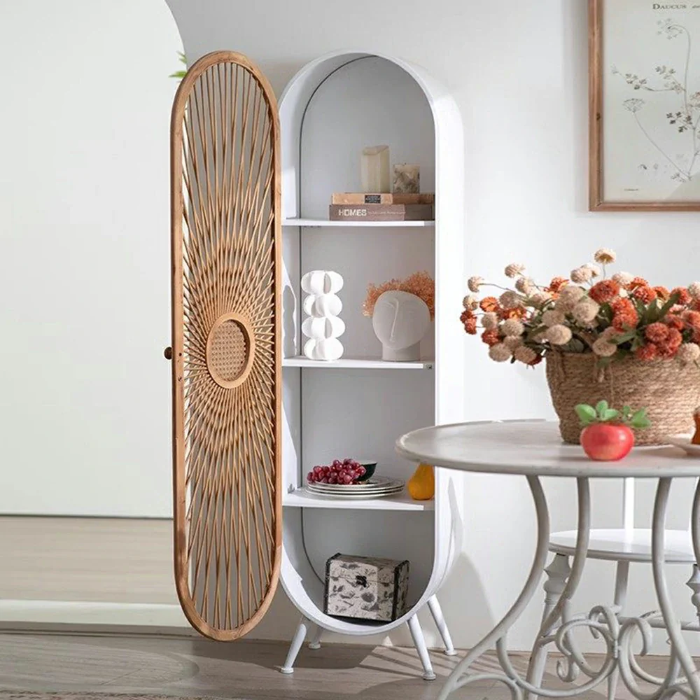 LIVARA Vintage Bamboo Storage Cabinet Tall Organizer Shelf Handwoven Door Solid Wood Frame Arched Design - Image 2