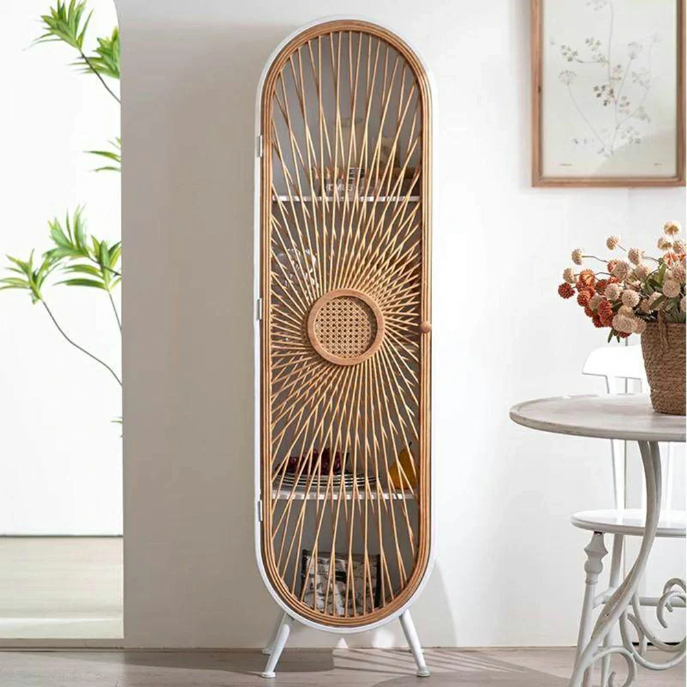 LIVARA Vintage Bamboo Storage Cabinet Tall Organizer Shelf Handwoven Door Solid Wood Frame Arched Design - Image 4