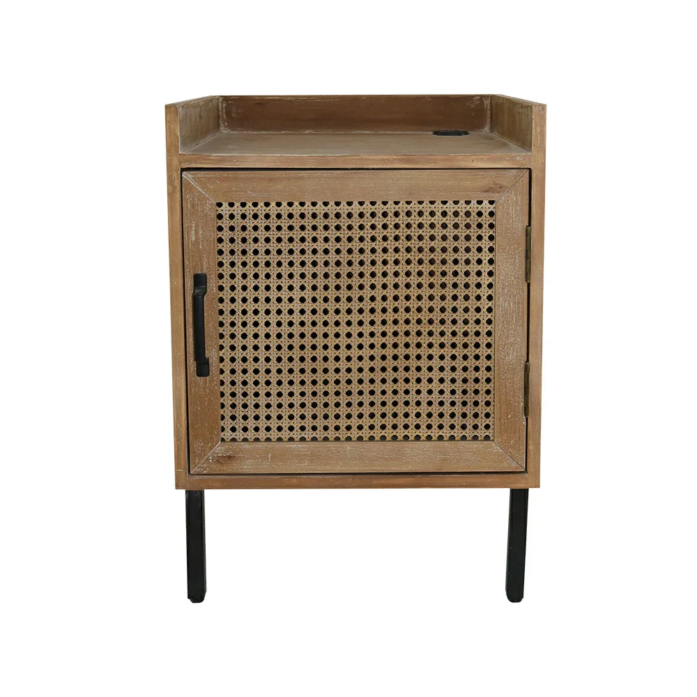 LIVARA Vintage Rattan Bedside Table USB Charging Nightstand Wood Cabinet Metal Frame Retro Storage End Table