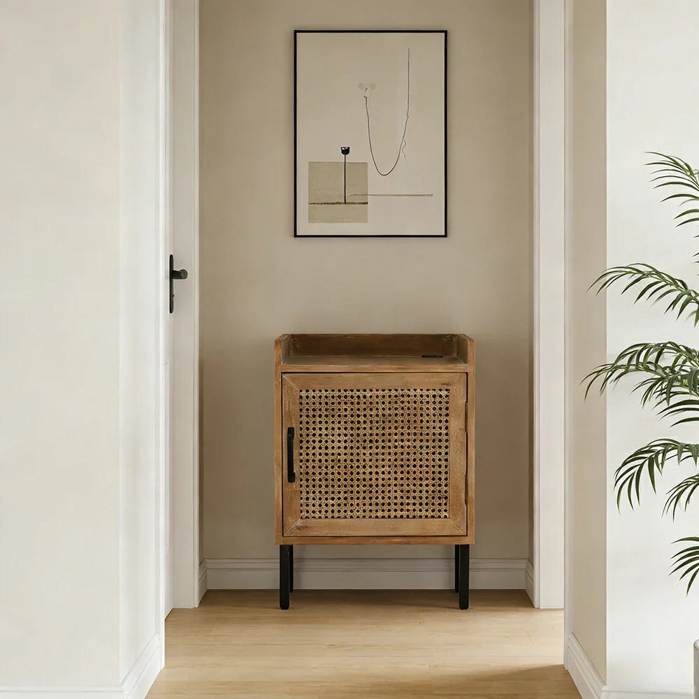 LIVARA Vintage Rattan Bedside Table USB Charging Nightstand Wood Cabinet Metal Frame Retro Storage End Table - Image 2