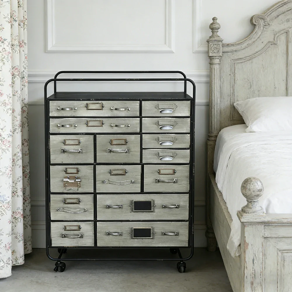 LIVARA Vintage Metal Storage Cabinet 15 Drawer Organizer Industrial Rolling Chest with Label Holders - Image 2