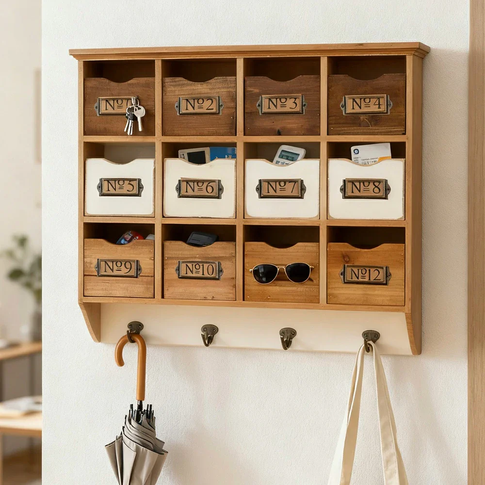LIVARA Rustic Wall Mounted Storage Cabinet 12 Drawer Organizer Solid Spruce Wood Vintage Cabinet with Numbered Label Holders - Image 2